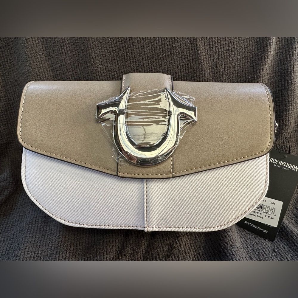 True-religion denim saddlebag purse - taupe and white